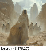 Mysterious figures in long cloth cloaks moving across a desert landscape. Their faces are hidden under hoods, and they resemble black-faced silhouettes immersed in fog or dust. The figures walk across rough terrain among tall, ruined towers that resemble the remains of an ancient civilization. The atmosphere in the image is mystical and tense, creating a sense of an unfamiliar world and mysterious creatures. The landscape is surrounded by dusty air, and looks like a post-apocalyptic scene. Стоковое AI-изображение, AI-художник Анна Кривицкая / Фотобанк Лори