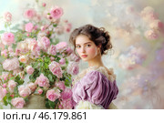 Прекрасная юная девушка у чудесноого цветущего розового куста, ретро стиль. Стоковое AI-изображение, AI-художник Щеголева Ольга / Фотобанк Лори