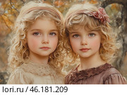 Two charming little girls with curly blonde hair braided with ribbons and flowers. Their big expressive eyes and delicate features create an air of innocence and tenderness. They are dressed in vintage dresses in pastel colors with lace details, which gives the portrait a retro aesthetic. The background is done in warm autumn shades, creating a cozy, picturesque atmosphere reminiscent of an artistic watercolor illustration or a classic photograph from the past. Стоковое AI-изображение, AI-художник Анна Кривицкая / Фотобанк Лори
