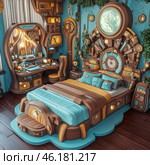 Incredibly stylish and fantastic bedroom in the steampunk style with elements of retrofuturism. The central place is occupied by a bed with a massive headboard decorated with gears, pipes, mechanical parts and a large circular element reminiscent of an old device or navigation device. The interior is made in brown, turquoise and gold tones, creating a harmonious combination of technological and cozy style.To the right of the bed is a desk with original shelves, built-in lighting and many decorative elements such as books, clocks, mechanisms and tools. The room also has plant decorations that complement the image of a cozy, but high-tech home. The visual style of the room resembles the interior of science fiction works about adventures and travels to parallel worlds. Стоковое AI-изображение, AI-художник Анна Кривицкая / Фотобанк Лори