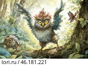 A bright and expressive watercolor illustration of two funny owlets in the forest. The central character is a fluffy owl with disheveled feathers, wide-spread wings and big round eyes full of surprise. The second owlet, located in the background, looks curious, but a little cautious. There is dense green vegetation around, sunlight breaks through the foliage, and a red and black butterfly flutters next to the owls. The illustration conveys the atmosphere of a kind fairy tale, filled with natural magic and humor. Стоковое AI-изображение, AI-художник Анна Кривицкая / Фотобанк Лори