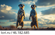 Meerkats stand upright against a dramatic sky at dusk, showcasing their unique behavior and social nature. Стоковое AI-изображение, AI-художник Сергей Толмачёв / Фотобанк Лори