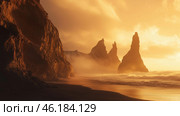Breathtaking sunset over rocky coastline with formations along the beach. Стоковое AI-изображение, AI-художник Татьяна  Бральнина / Фотобанк Лори