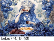 A mysterious aristocratic woman with pale skin and luxurious gray curls, dressed in an elegant blue dress with ruffles and lace. She is surrounded by an abundance of dark blue and purple fruits: grapes, plums, blackberries. In one hand she holds a glass of drink, probably red wine, and in the other - a piece of fruit, as if enjoying the taste. In front of her is a plate of peaches and berries, complementing the richness of the still life. The background is decorated with decorative elements, creating a sense of a palace or fairy-tale setting. The whole image is reminiscent of an exquisite baroque or romantic style, filled with details and sophistication. Стоковое AI-изображение, AI-художник Анна Кривицкая / Фотобанк Лори