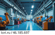 Large industrial building with many robots in it. Стоковое AI-видео, аниматор Sergey Grishin / Фотобанк Лори