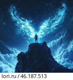 A mystical scene where a man stands on top of a cliff, and bright fiery wings emanate from his back, glowing in the dark, starry sky. Clouds, fog and light effects around create a magical atmosphere. The man looks into the future, as if he is striving for something great and unknown. Стоковое AI-изображение, AI-художник Анна Кривицкая / Фотобанк Лори