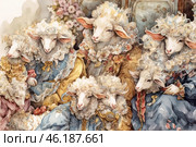 Sheep dressed in old, lush costumes typical of the Baroque era. Each sheep has luxurious clothes with large ruffles, lace and bright ribbons, which gives them an elegant and sophisticated look. The sheep also have quite a lush wool, reminiscent of the luxurious wigs of that time. The picture is made in watercolor technique, creating soft and smooth transitions between colors. The drawing evokes a sense of cheerful comedy and absurdity, combining the elegance of old outfits with the image of animals. Стоковое AI-изображение, AI-художник Анна Кривицкая / Фотобанк Лори
