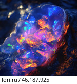 Macro photo of opal, a rock stone that plays with bright colors. The stone is partially processed and has an amazing combination of colors - orange, blue and purple shades that shimmer and reflect light. The relatively dark background emphasizes the glowing effect of the stone. This creates a sense of magic and mystical energy. Стоковое AI-изображение, AI-художник Анна Кривицкая / Фотобанк Лори