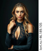 Женщина позирует для репортажной фотографии, элегантной красоты, рубина и лазурных глаз. Стоковое AI-изображение, AI-художник Николай Николенко / Фотобанк Лори