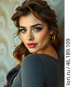 Женщина позирует для репортажной фотографии, элегантной красоты, рубина и лазурных глаз. Стоковое AI-изображение, AI-художник Николай Николенко / Фотобанк Лори