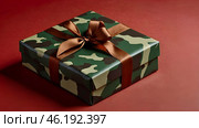 The concept of Defender of the Fatherland Day on February 23. Gift camouflage box with a festive satin ribbon bow on a red background. Стоковое AI-изображение, AI-художник Photojuli / Фотобанк Лори