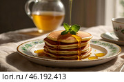 Delicious pancakes with honey and mint leaves on a stylish plate in a beige kitchen. The concept of the Russian holiday Maslenitsa. Стоковое AI-изображение, AI-художник Photojuli / Фотобанк Лори