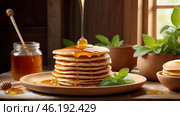 Delicious pancakes with honey and mint leaves on a stylish plate in a beige kitchen. The concept of the Russian holiday Maslenitsa. Стоковое AI-изображение, AI-художник Photojuli / Фотобанк Лори