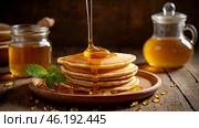 Delicious pancakes with honey and mint leaves on a stylish plate in a beige kitchen. The concept of the Russian holiday Maslenitsa. Стоковое AI-изображение, AI-художник Photojuli / Фотобанк Лори