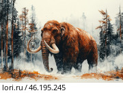 A majestic mammoth standing in the middle of a snowy forest. Its massive body is covered in thick reddish-brown fur, and its long curved tusks give it an impressive and ancient appearance. The background is done in muted cool colors, creating an atmosphere of the Ice Age. The detail of the fur, fog and snow-covered trees makes the image artistically expressive, reminiscent of a watercolor or oil painting. The painting conveys a sense of antiquity, the grandeur of nature and the mysterious world of extinct animals. Стоковое AI-изображение, AI-художник Анна Кривицкая / Фотобанк Лори