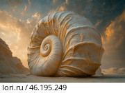 A giant shell resembling an ammonite fossil, set in a desert landscape. Its surface is covered in layers of sand and erosion, giving it an ancient and mysterious appearance. The sunset light colors the scene in warm golden and sandy tones, creating a soft glow effect. Stars are visible in the sky, adding to the mystical atmosphere of the image. Sandy cliffs rise all around, adding to the sense of scale. It is a fantastical and surreal landscape, where reality intertwines with imagination. Стоковое AI-изображение, AI-художник Анна Кривицкая / Фотобанк Лори