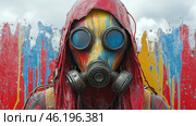 A man in a gas mask with a round glass painted blue. The mask is covered in bright colors - yellow, red and blue, which seem to flow down, creating the effect of chaos and destruction. The worn hood made of worn fabric adds gloom and mystery to the image. In the background, a painted wall with paint drips is visible, which enhances the effect of a post-apocalyptic or protest entourage. The whole image combines elements of cyberpunk, post-apocalyptic and art house. Стоковое AI-изображение, AI-художник Анна Кривицкая / Фотобанк Лори