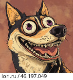 A cartoonish, grotesque portrait of a dog with unusually large, bulging eyes and a wide grin showing sharp teeth. The dog has a vivid facial expression that conveys madness, excitement, or overexcitement. The dog's eyes appear hypnotic and deliberately distorted, creating a caricature effect. The style of the drawing resembles a comic book or dark satirical illustration, with rough, expressive lines and a textured background in warm colors. Стоковое AI-изображение, AI-художник Анна Кривицкая / Фотобанк Лори