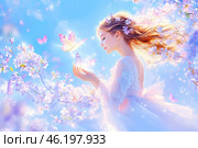Волшебное лето, девочка с бабочками. Стоковое AI-изображение, AI-художник Щеголева Ольга / Фотобанк Лори