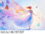 Изящная девушка с бабочками, волшебное лето. Стоковое AI-изображение, AI-художник Щеголева Ольга / Фотобанк Лори