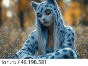 A girl in a costume resembling a snow leopard or other spotted predatory animal. The costume is made of fluffy fur of a white and blue shade with spots, it has a hood with ears, and the girl's face is hidden under an artificial muzzle with a painted nose and cat whiskers. The girl has long white hair, she is sitting in tall grass in the middle of an autumn forest with a blurred background of golden and brown shades. Her pose is relaxed, her gaze is lowered, creating an atmosphere of thoughtfulness and mysticism. Стоковое AI-изображение, AI-художник Анна Кривицкая / Фотобанк Лори