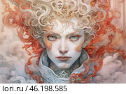 A mystical portrait of an androgynous character with pale skin, a piercing gaze, and curly blond hair that resembles clouds of smoke. Fiery red and whitish streams curl around his face, giving the image a supernatural or magical feel. The character is dressed in clothes with a high collar, and his face is decorated with patterns reminiscent of tattoos or natural signs. The painting is done in watercolor, which gives it an ethereal and mysterious quality. Стоковое AI-изображение, AI-художник Анна Кривицкая / Фотобанк Лори
