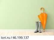 Stylish umbrella with gumboots near color wall. Стоковое фото, фотограф Pixel_shot / Фотобанк Лори
