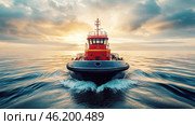 Tugboat navigating through calm waters at sunset with vibrant sky colors. Стоковое AI-изображение, AI-художник Александр Довянский / Фотобанк Лори