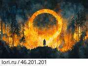 An atmospheric and mystical image, done in watercolor style, in which the silhouette of a lone man stands in front of a giant ring of fire, surrounded by a burning forest. The painting is filled with contrast between the dark background and bright tongues of flame, creating a sense of epicness and mysticism. The figure of the man seems small in comparison with the fiery element, which emphasizes the theme of fate, transcendence and inevitability. It can be a symbolic image of the end or a new beginning, rebirth or overcoming. Стоковое AI-изображение, AI-художник Анна Кривицкая / Фотобанк Лори