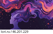 watercolor illustration, Purple Day, Epilepsy awareness day, silhouette of a girl with long hair, abstract dark background, vintage postcard, copy space, free space for text. Стоковое AI-изображение, AI-художник Светлана Леуто / Фотобанк Лори
