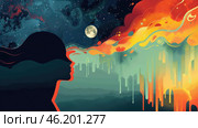 watercolor illustration, World Bipolar Day, silhouette of a girl, bright colorful background, vintage postcard, copy space, free space for text. Стоковое AI-изображение, AI-художник Светлана Леуто / Фотобанк Лори