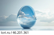 Reflective glass egg showcases blue sky and fluffy clouds. Стоковое AI-изображение, AI-художник Katsiaryna Repich / Фотобанк Лори