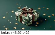 The concept of Defender of the Fatherland Day on February 23. Gift camouflage box with a festive satin ribbon bow on a dark green background. Стоковое AI-изображение, AI-художник Photojuli / Фотобанк Лори