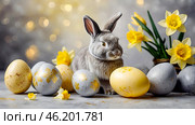 The concept of a bright Easter holiday. Delicate Easter eggs, a gray rabbit and daffodil flowers on a pastel watercolor background with delicate veins. Стоковое AI-изображение, AI-художник Photojuli / Фотобанк Лори