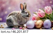 The concept of a bright Easter holiday. Delicate Easter eggs, a gray rabbit and tulip flowers on a pastel watercolor background with delicate veins. Стоковое AI-изображение, AI-художник Photojuli / Фотобанк Лори
