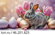 The concept of a bright Easter holiday. Delicate Easter eggs, a gray rabbit and tulip flowers on a pastel watercolor background with delicate veins. Стоковое AI-изображение, AI-художник Photojuli / Фотобанк Лори