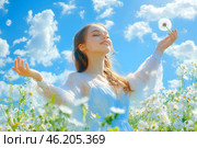 Мечтательная девушка на летнем лугу с одуванчиком. Стоковое AI-изображение, AI-художник Щеголева Ольга / Фотобанк Лори