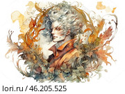An artistic illustration in watercolor technique, depicting a mysterious character with silver-white wavy hair. His gaze is piercing and a little cold, and on his face there are marks reminiscent of tattoos or battle scars. He is dressed in a stylish outfit with a high collar, consisting of orange and brown shades, in harmony with the nature surrounding him. The background and composition are filled with autumn foliage, smoothly turning into decorative curls, creating a sense of dynamics and merging of the hero with nature. Below, among the leaves, you can see a small figure of a raven or another mystical creature, which enhances the atmosphere of mystery and magic. Стоковое AI-изображение, AI-художник Анна Кривицкая / Фотобанк Лори
