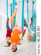 Girl doing inverted king pigeon aerial yoga pose in suspended hammock. Стоковое фото, фотограф Яков Филимонов / Фотобанк Лори