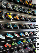 On black wooden wall of showcase - there are samples of models of hiking and climbing shoes (2023 год). Редакционное фото, фотограф Яков Филимонов / Фотобанк Лори