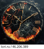 A dramatic image of an antique clock with Roman numerals, executed in dark tones. The dial is cracked, as if covered with a network of lightning, and its lower part is engulfed in flames, blazing with bright orange-red tongues. The clock looks like a symbol of destruction, apocalypse or the inexorable passage of time leading to an inevitable end. Dark storm clouds surround the clock, creating an atmosphere of anxiety and catastrophe. Стоковое AI-изображение, AI-художник Анна Кривицкая / Фотобанк Лори