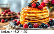 Вкусные блины со стекающим по ним мёдом, на которые уложены ягоды черники, ежевики и малины. Концепция русского праздника Масленица. / Delicious beautiful pancakes with honey dripping down them, on which are placed blueberries, blackberries and raspberries. Стоковое AI-изображение, AI-художник Iva Noel / Фотобанк Лори