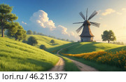 Windmill stands tall on a sunny hillside with vibrant green fields and blooming flowers in the afternoon light. Стоковое AI-изображение, AI-художник Сергей Толмачёв / Фотобанк Лори
