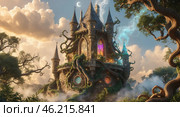 Enchanting castle surrounded by mystical trees and clouds during the golden hour in a fantasy landscape. Стоковое AI-изображение, AI-художник Сергей Толмачёв / Фотобанк Лори