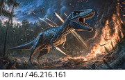 A scene from the age of dinosaurs. A huge, detailed Tyrannosaurus rex roars, baring its teeth, amidst chaos. Meteors fall from the sky, leaving glowing trails behind them, and the forest around is engulfed in flames. Pteranodons and other flying reptiles scatter in panic. The night sky is strewn with stars, creating a contrast between the cosmic cataclysm and the raging hell on earth. The atmosphere of the scene conveys the dramatic moment of the extinction of the dinosaurs. Стоковое AI-изображение, AI-художник Анна Кривицкая / Фотобанк Лори