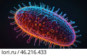 one bacteriao of Mycoplasma pheumoniama. Microscopic View Reveals Vibrant Details of a Bacterium in Captivating Color at the Cellular Scale. Стоковое AI-изображение, AI-художник Оксана Медведева / Фотобанк Лори