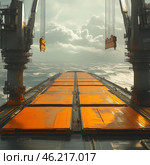A cargo ship on the open sea with massive cranes used to load and unload containers. The ship's deck is covered with large orange cargo hatches that contrast with the metal surface of the ship. In the distance, a rough sea can be seen with high waves and thick clouds, creating an atmosphere of power and industrial monumentality. The cranes hanging from both sides add dynamism to the scene, emphasizing the scale of maritime transport. Стоковое AI-изображение, AI-художник Анна Кривицкая / Фотобанк Лори