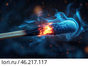 Burning end of a match in macro photography. The bluish coating of the phosphorus composition on the head contrasts with the bright orange tongues of flame and darkening charred wood. Smoke rises around the match, forming smooth, mesmerizing patterns. Sparks are visible against a dark background, creating a dynamic effect. This photo conveys a sense of warmth, energy and the transient moment of combustion. Стоковое AI-изображение, AI-художник Анна Кривицкая / Фотобанк Лори