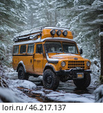 A yellow SUV expedition bus parked in a snowy forest. It is an old but modified 4x4 vehicle equipped with additional lights on the roof, a sturdy front bumper with a winch, and large off-road tires. The roof of the vehicle is equipped with luggage rails and travel gear.The vehicle is parked on a snowy dirt road in a dense coniferous forest covered in snow. A spruce branch hangs slightly over the vehicle, creating an atmosphere of winter adventure. It is clear that the vehicle is adapted to difficult conditions, perhaps used for camping, expeditions, or travel in the wild. Стоковое AI-изображение, AI-художник Анна Кривицкая / Фотобанк Лори