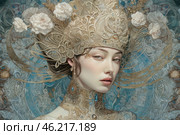 A beautiful young woman dressed in a rich outfit with elements of fantasy style. She wears a magnificent headdress made of gold patterns, pearls and precious stones. Its structure resembles a crown or kokoshnik, decorated with flowers and decorative elements, creating an atmosphere of mythology and fairy tales.Her look is calm and aristocratic, her skin has a porcelain pallor, emphasizing sophistication and grace. She is dressed in a luxurious dress with rich patterns, made in blue and gold tones, which makes her look like a goddess, queen or magic priestess.The background of the image is filled with complex patterns, intertwined lines and ornaments, creating a sense of fairy tale, fantasy and luxury. The color scheme consists of soft pastel shades, gold and deep blue, which makes the picture gentle, but at the same time majestic. Стоковое AI-изображение, AI-художник Анна Кривицкая / Фотобанк Лори